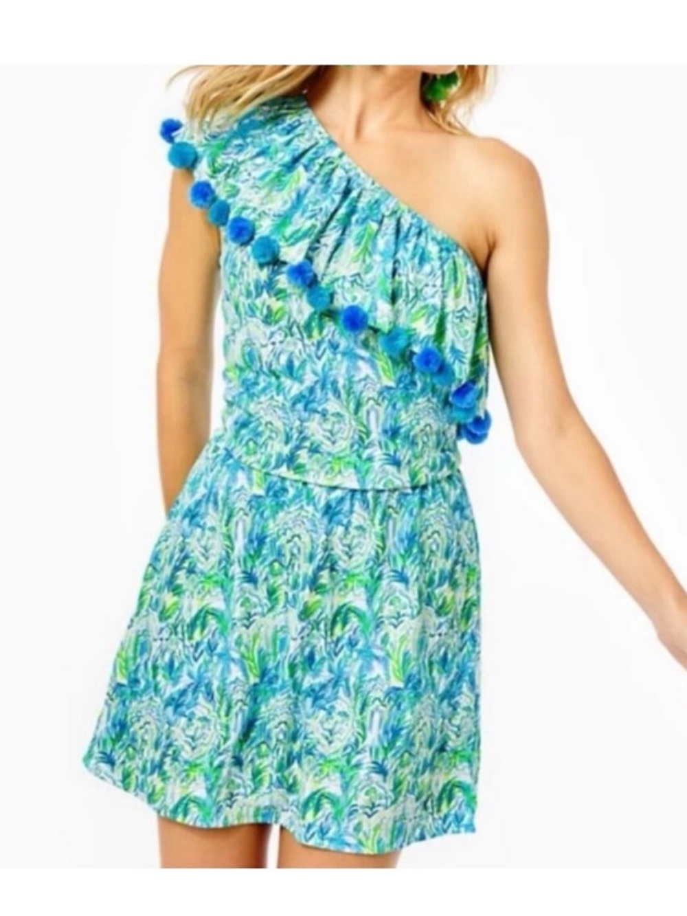 Lilly Pulitzer Idara One-Shoulder Pom-Pom Tropical Print Dress with Shorts